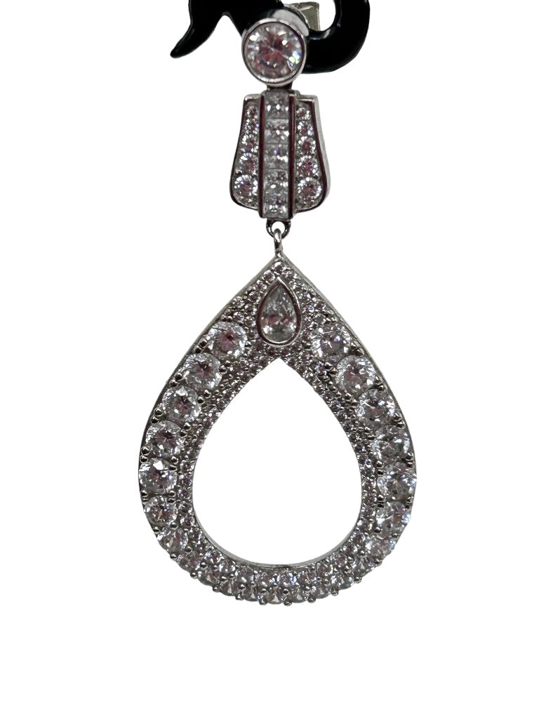 Rhinestone Teardop Earrings Silvertone 2" Drop Dangle Post Pierced Earrings