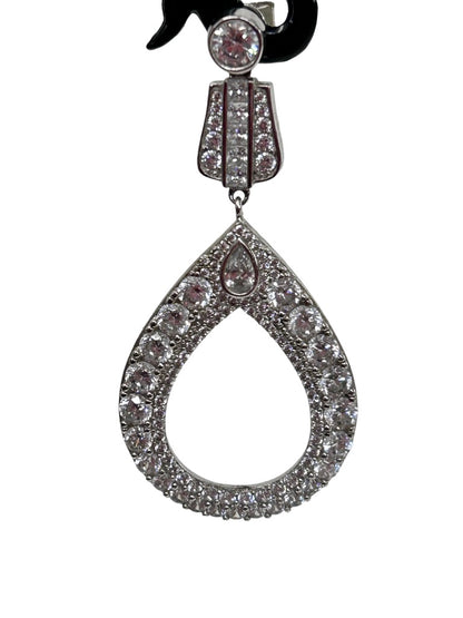 Rhinestone Teardop Earrings Silvertone 2" Drop Dangle Post Pierced Earrings
