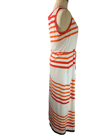 Large Talbots Orange White Soft Knit Striped Sleeveless Maxidress Belted