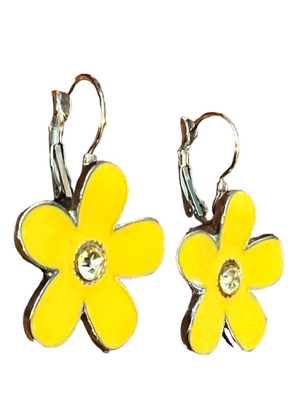 Silvertone Daisy Necklace Earring Set Yellow Enamel 21" - 24"