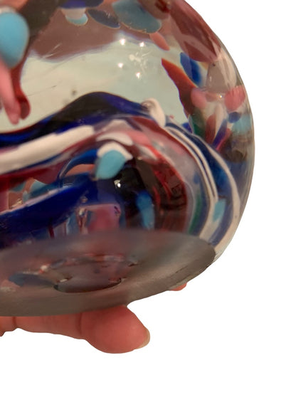 Heavy Glass Globe Paperweight Abstract Design Blue Purple White 3.5"d x 2.8"h