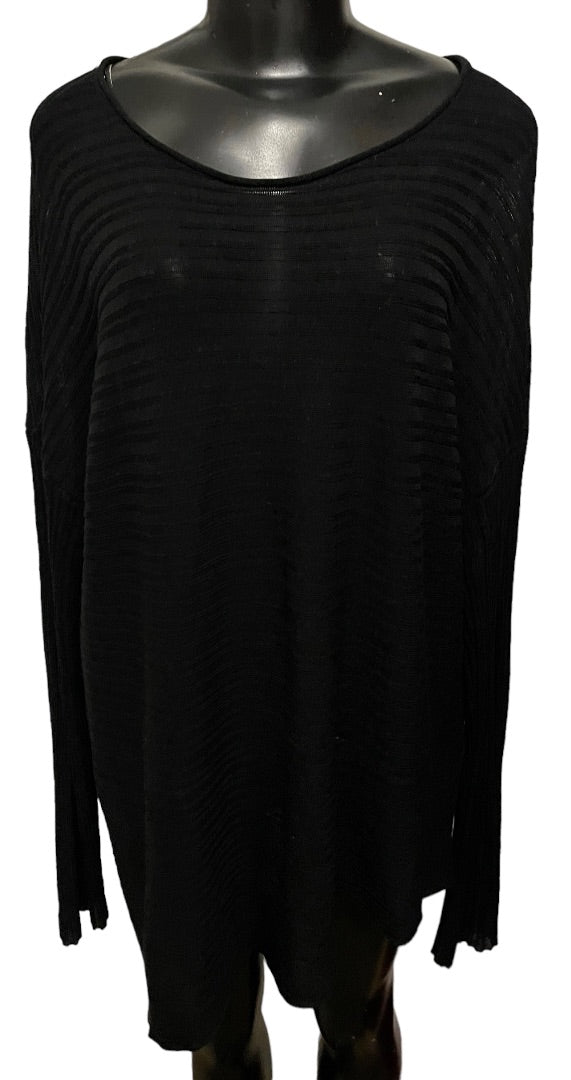 XL Eileen Fisher Women's Sheer Ribbed Long Sleeve Asymmetrical Hem Black Sweater