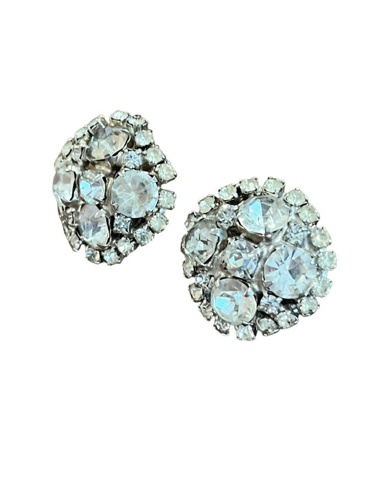 Vintage Formal Rhinestone Round Clip On Earrings Evening Bling