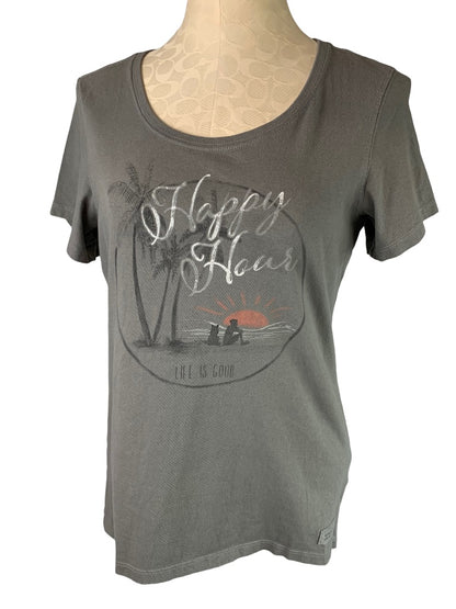 Medium Life is Good Women's Gray Short Sleeve TShirt "Happy Hour"