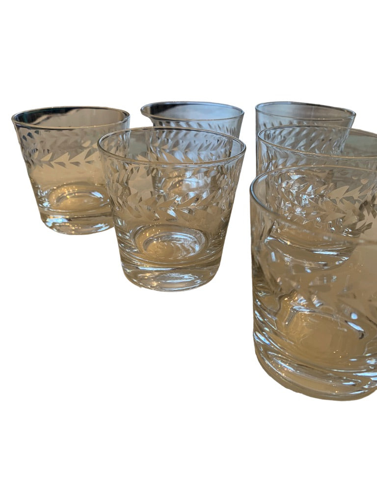 Set of 6 Vintage Glass Tumblers 7 oz Etched Design 3 1/4"h x 3 1/4"d