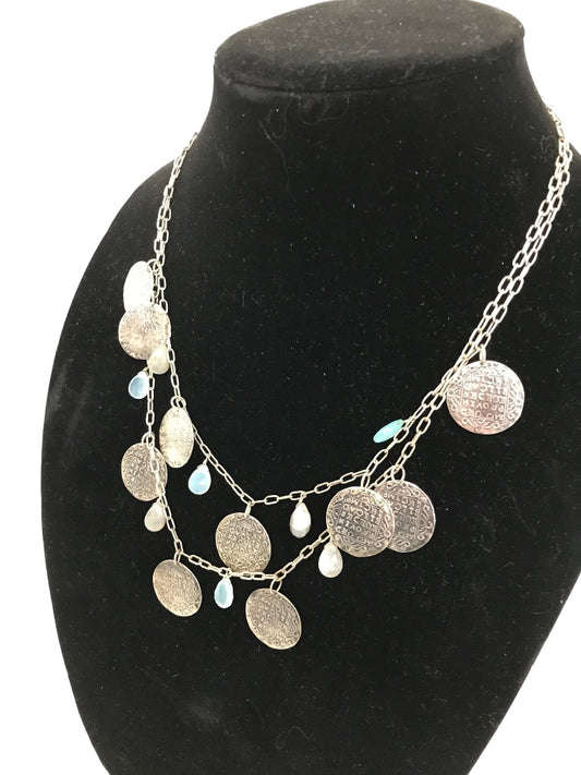 Tiered Silvertone Coin Medallion 20" Necklace Blue Beads Hook Closure