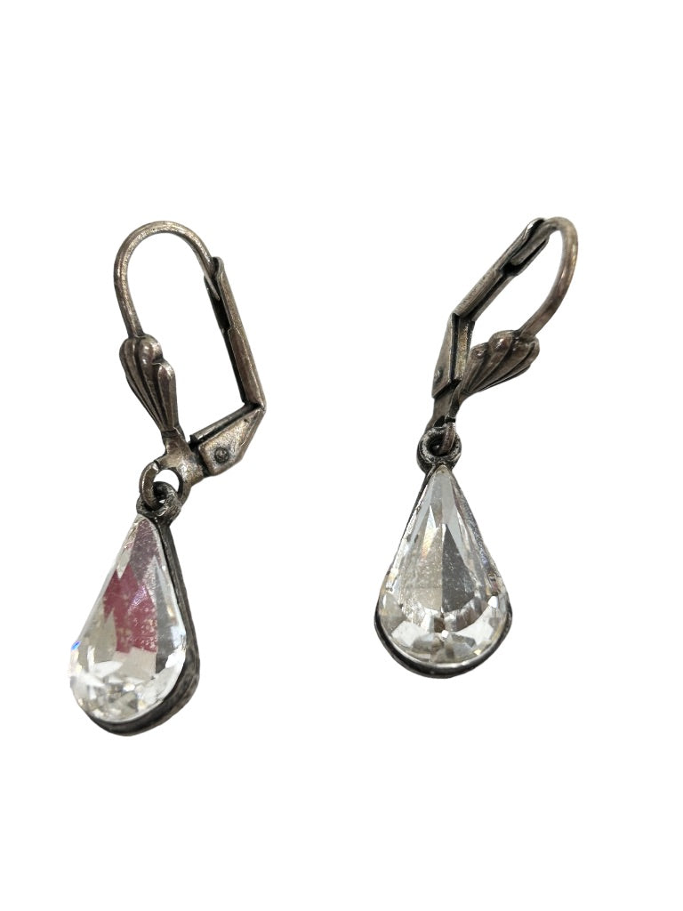 Teardrop Shape Clear Rhinestone Earrings Silvertone Earrings Leverback 1.25" Drop Dangle
