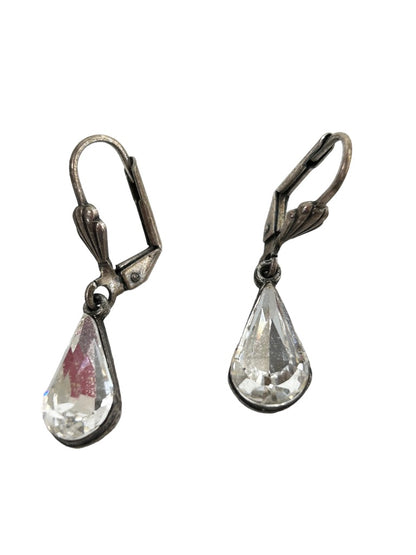 Teardrop Shape Clear Rhinestone Earrings Silvertone Earrings Leverback 1.25" Drop Dangle