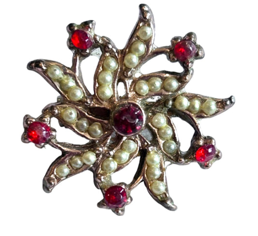 Small Flower Brooch Faux Pearl Spiral Design Goldtone Setting 1" Vintage