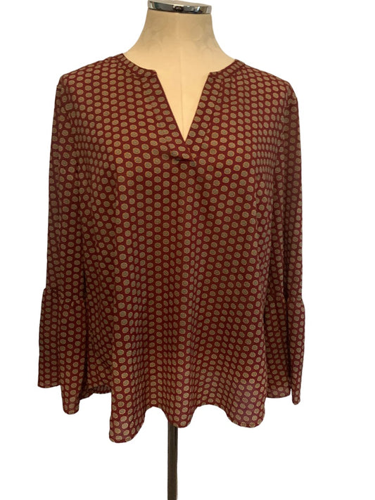 XL J.Crew Burgundy Print Pullover Bell Sleeve Blouse Style H1074