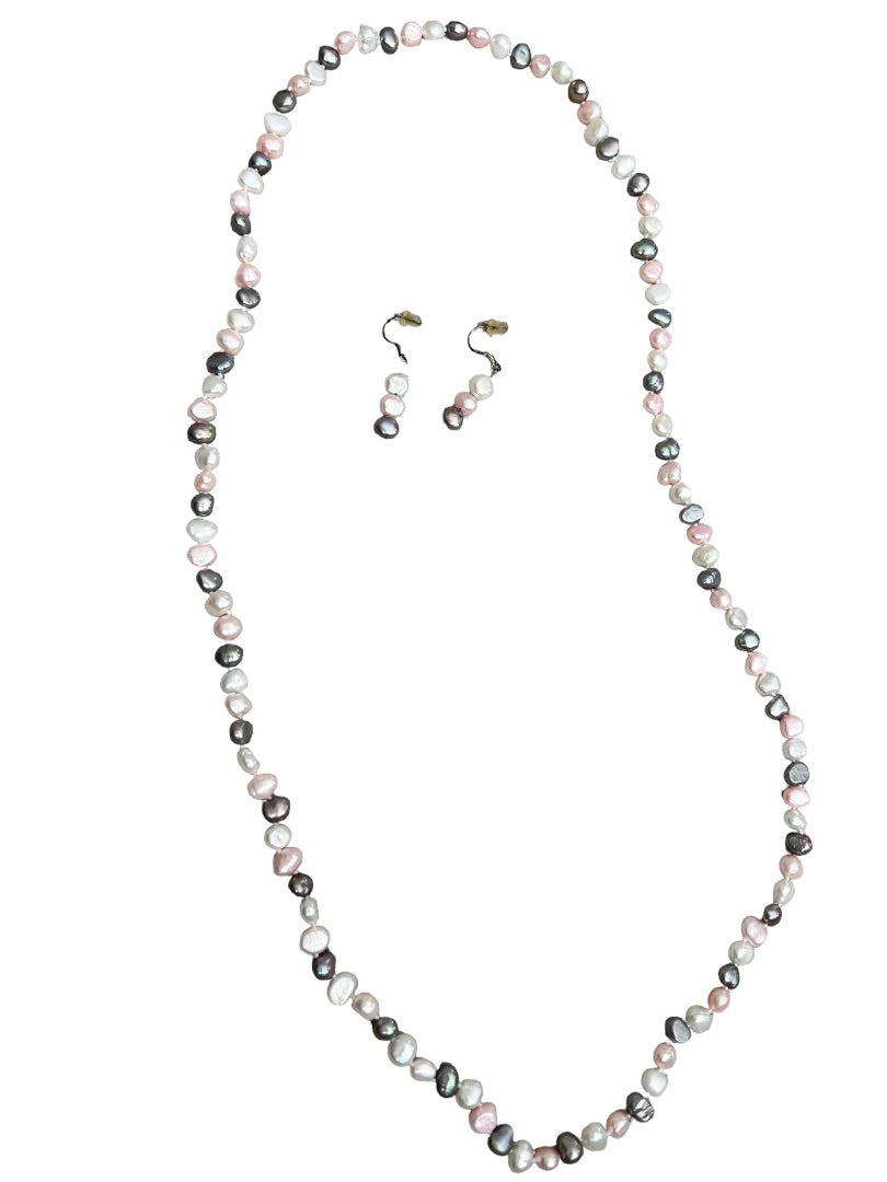 Freshwater Multicolor Pearl Necklace and Earrings Set Pink Gray White Dangle Earring