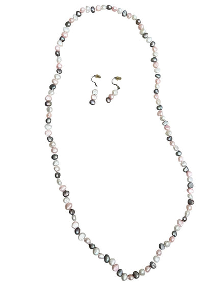 Freshwater Multicolor Pearl Necklace and Earrings Set Pink Gray White Dangle Earring
