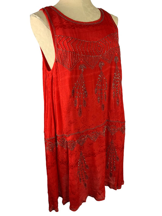 Medium Free People Red Layered Delilah Shift Mini Dress Beaded Sleeveless