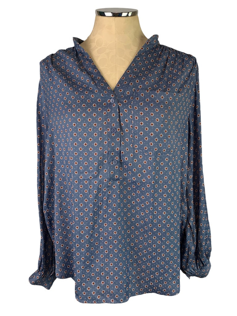 8 H&M Women's Popover Blue Ascot Print Blouse Single Pocket