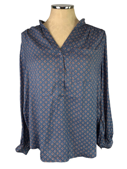 8 H&M Women's Popover Blue Ascot Print Blouse Single Pocket