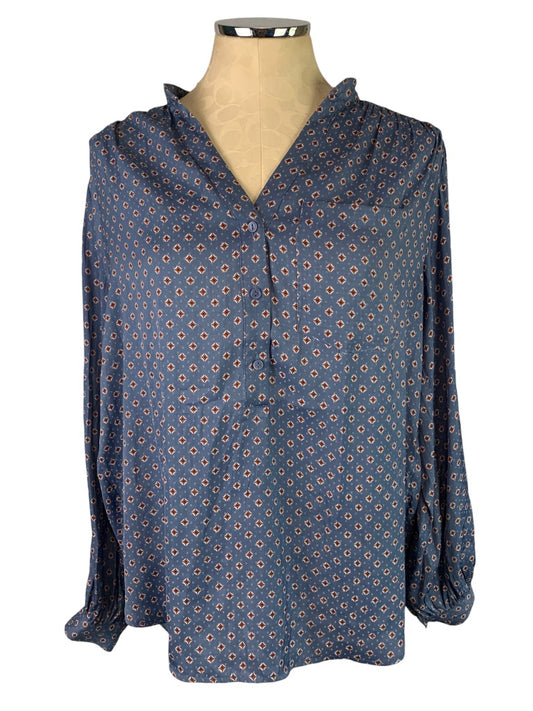 8 H&M Women's Popover Blue Ascot Print Blouse Single Pocket