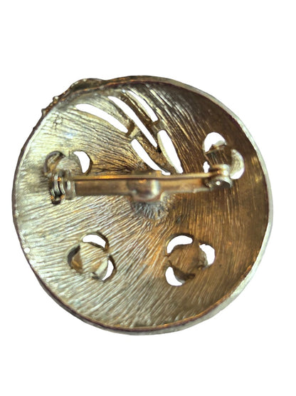 Round Brushed Goldtone Brooch 1 5/8"d with Faux Pearls Abstract Design