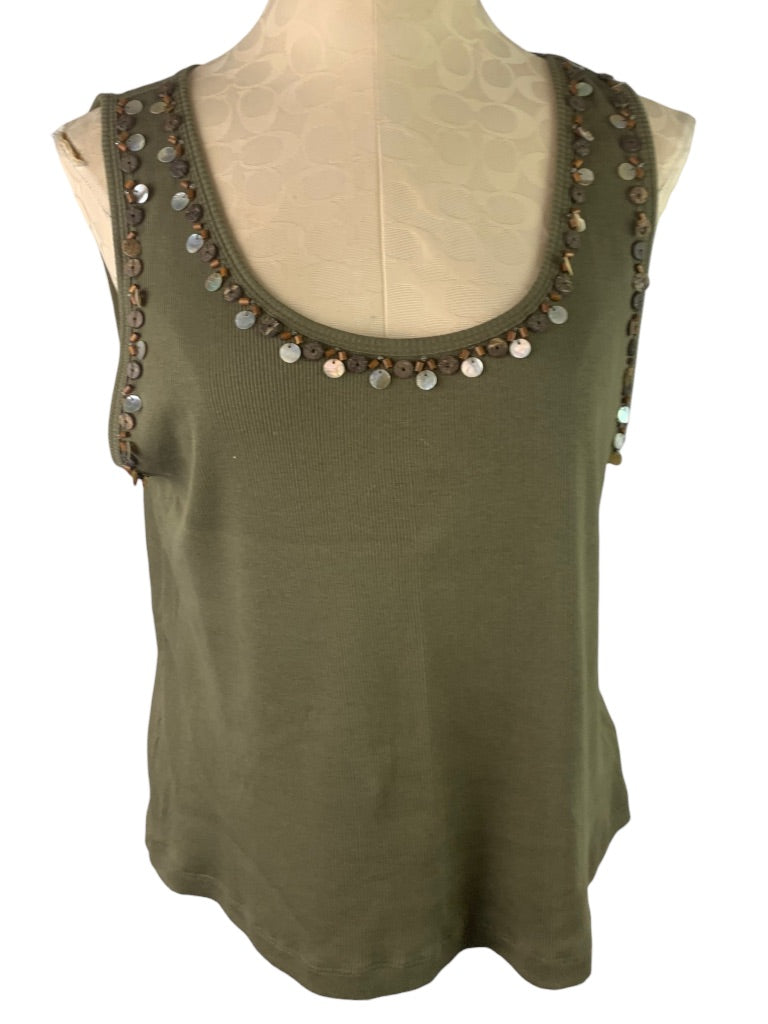 Medium Petite Charter Club Women's Olive Green Ribbed Tank Shell and Bead Embellished