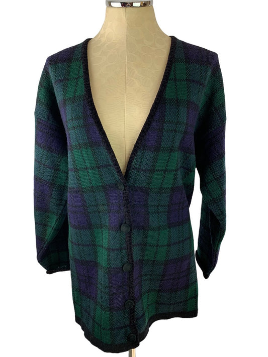 Large Pendleton USA Women's Green Navy Plaid Wool Blend V-Neck Cardigan Sweater