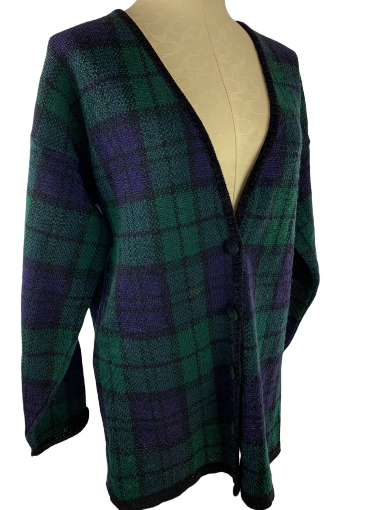 Large Pendleton USA Women's Green Navy Plaid Wool Blend V-Neck Cardigan Sweater