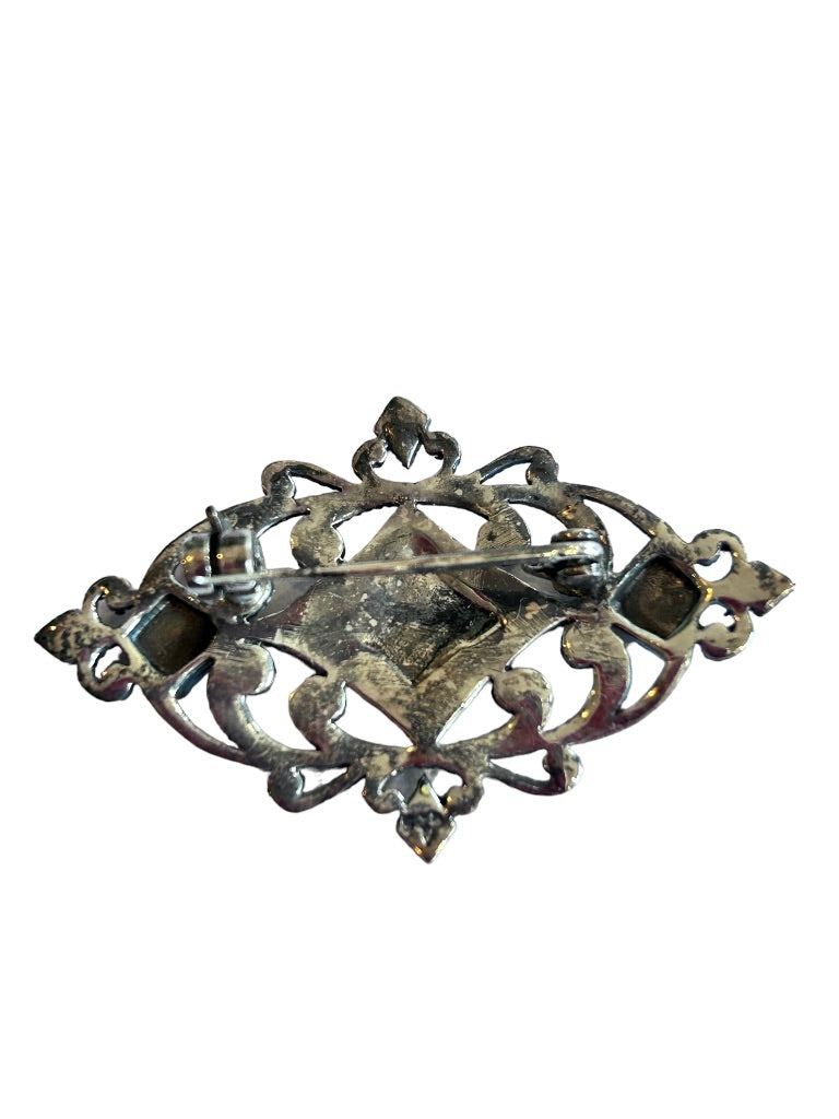 Marcasite Sterling Silver Art Deco Style Brooch Pin 1 3/4" in Box