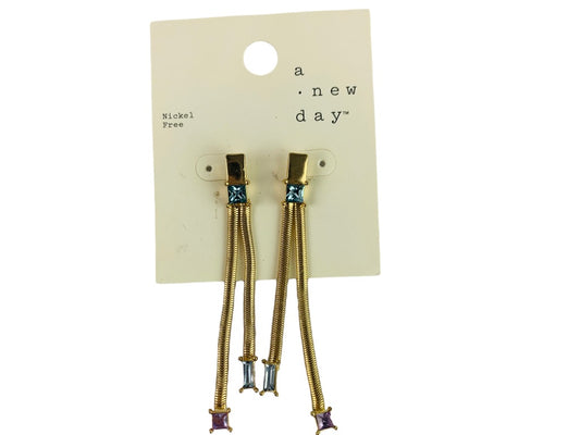a new day Post Drop Goldtone Pierced Earrings Blue Purple 3" Drop Dangle