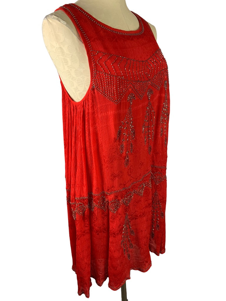 Medium Free People Red Layered Delilah Shift Mini Dress Beaded Sleeveless