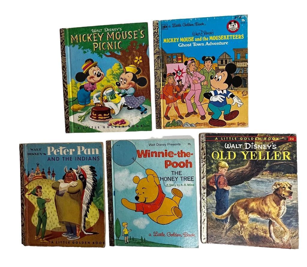 Lot of 5 Vintage Little Golden Books Disney Old Yeller Mickey Mouse Peter Pan Winnie