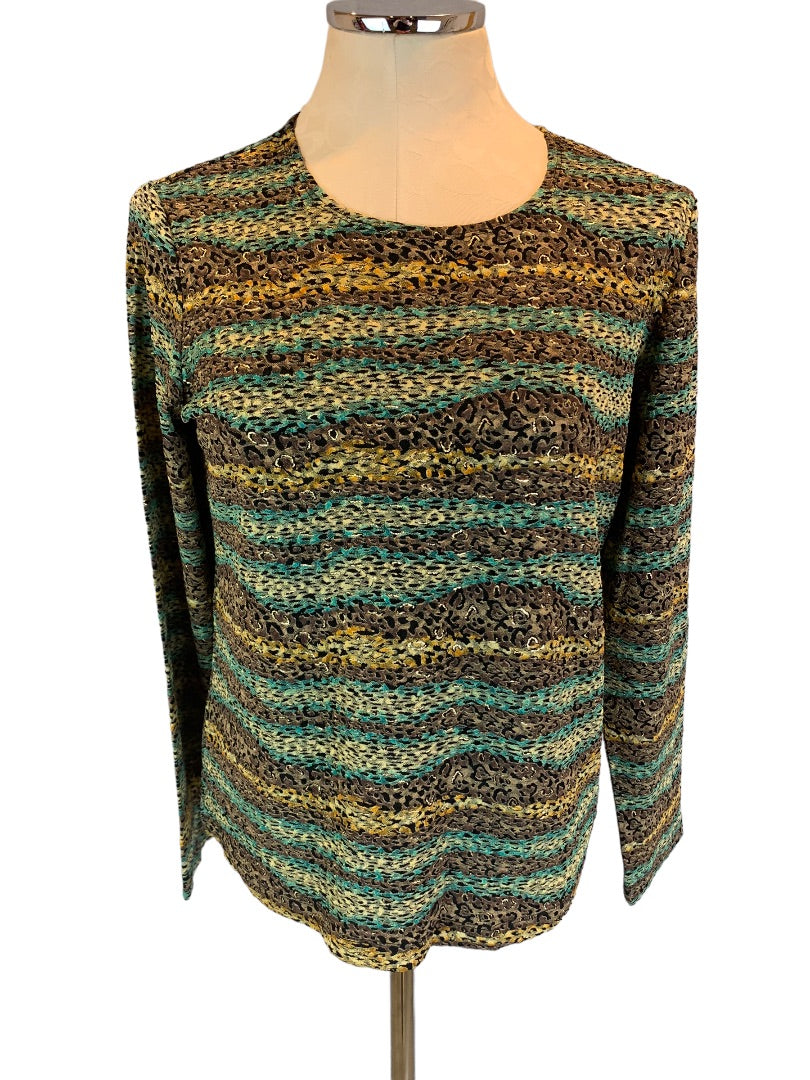 Small Laura Ashley Textured Gold Brown Women's Pullover Top Long Sleeve Stretch