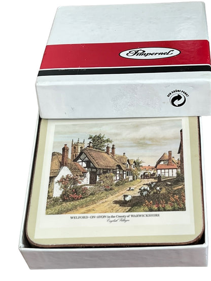 Pimpernel English Villages 4.25x4.25 Coasters Cork Bottom With Box