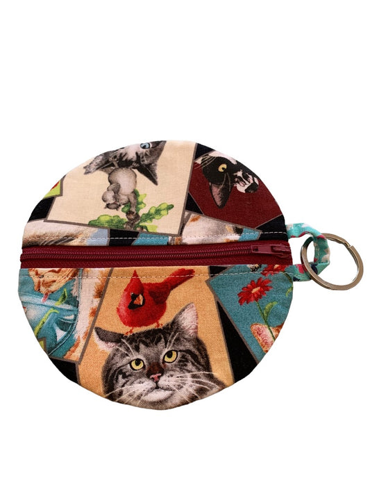 Cat Theme Fabric Keyring Change Purse Zip 5.5" Diameter