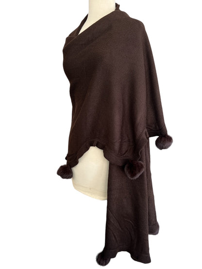 Marina D'Este Brown Wool Blend Shawl Rabbit Fur Pom Poms 86" x 30"