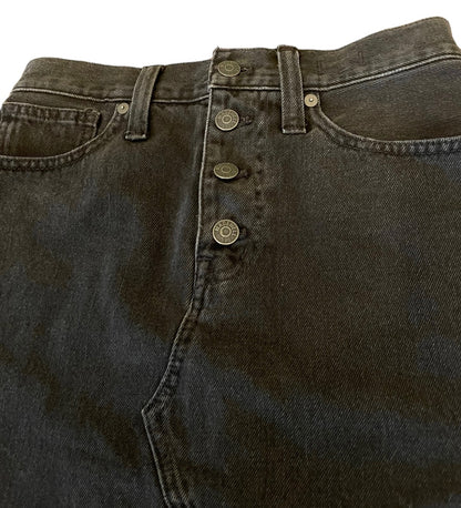 26 Madewell Rigid Denim A-Line Frayed Hem 4 Button 4 Pocket Skirt Black Jean