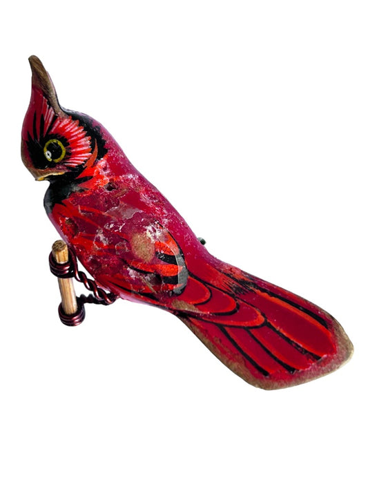 Vintage Wooden Cardinal Brooch 2.25" Painted on Perch Figural