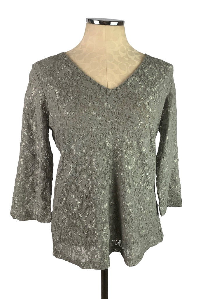 Small Motto Women's Gray Lace V-Neck Lined Pullover Top New