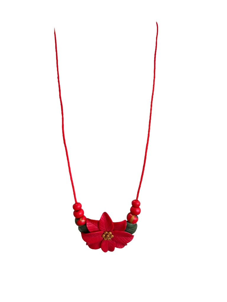 Handmade Polymer Clay Poinsettia Cord Necklace Adustable