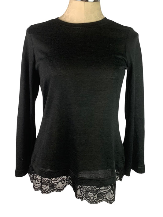 XS DG2 Diane Gilman Black Slightly Sheer Lace Hem Pullover Sweater Women's