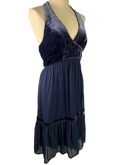 Medium BCBG Max Azria Purple Navy Halter Style Velvet Dress Silk Blend