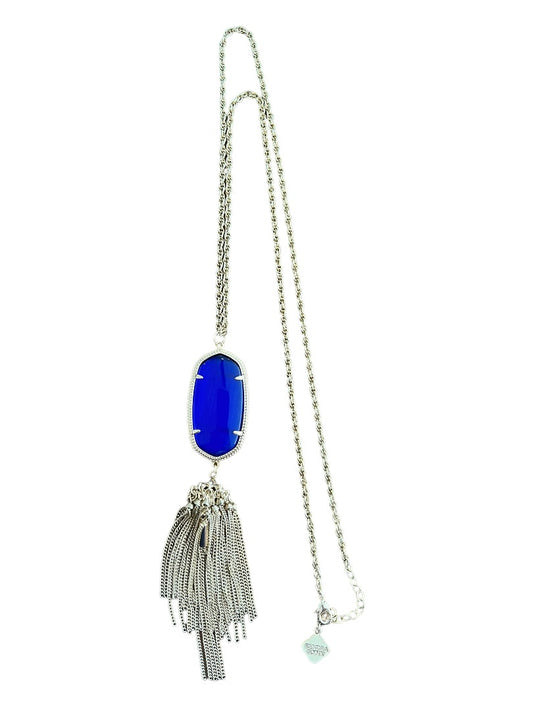 Kendra Scott Rayne Long Pendant Necklace Goldtone Blue Lariat Tassel 30" + 2"