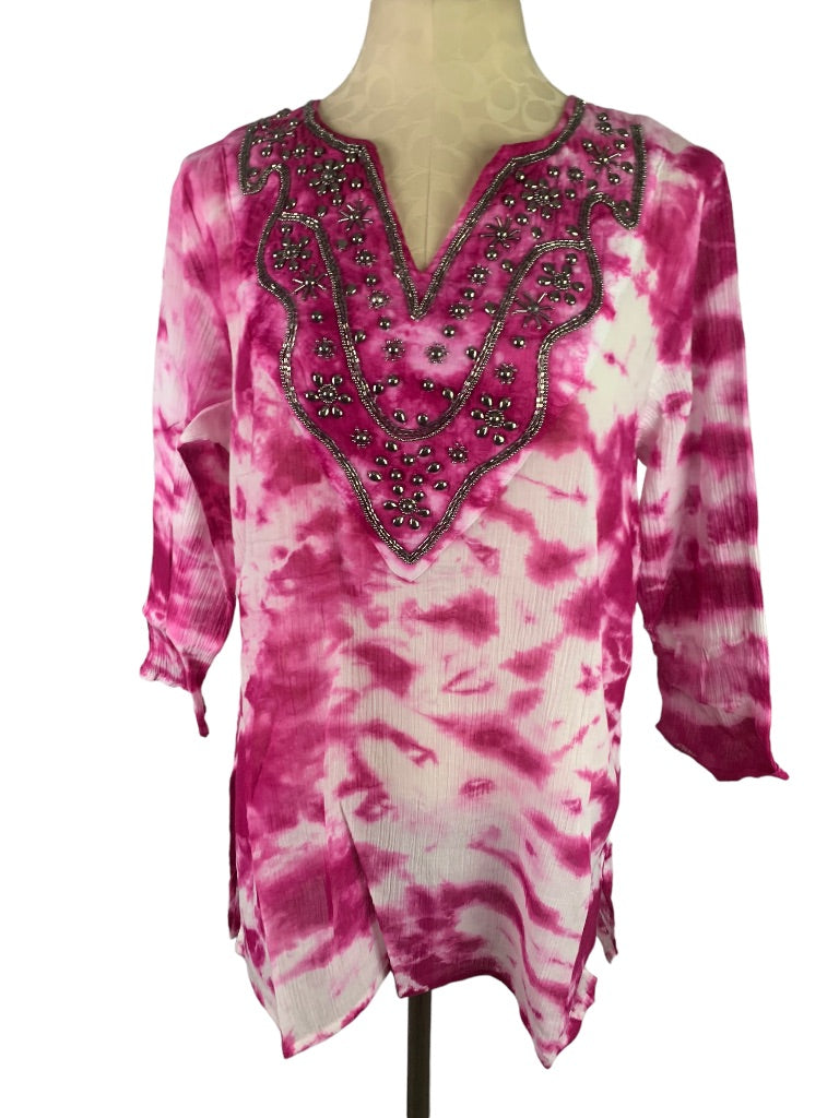 Large OSO Originals Tie Dye Fuschia Tunic New Beaded Neckline Lightweight