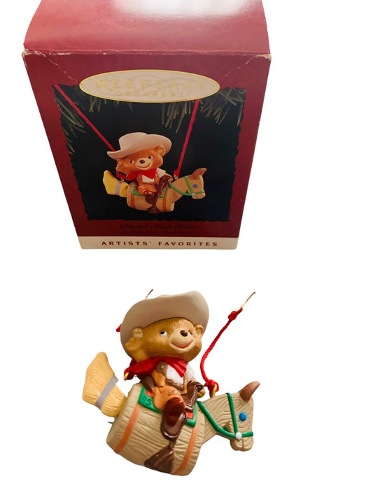 Barrel-Back Rider Teddy Bear Cowboy 1995 Hallmark Christmas Ornament 2.5"
