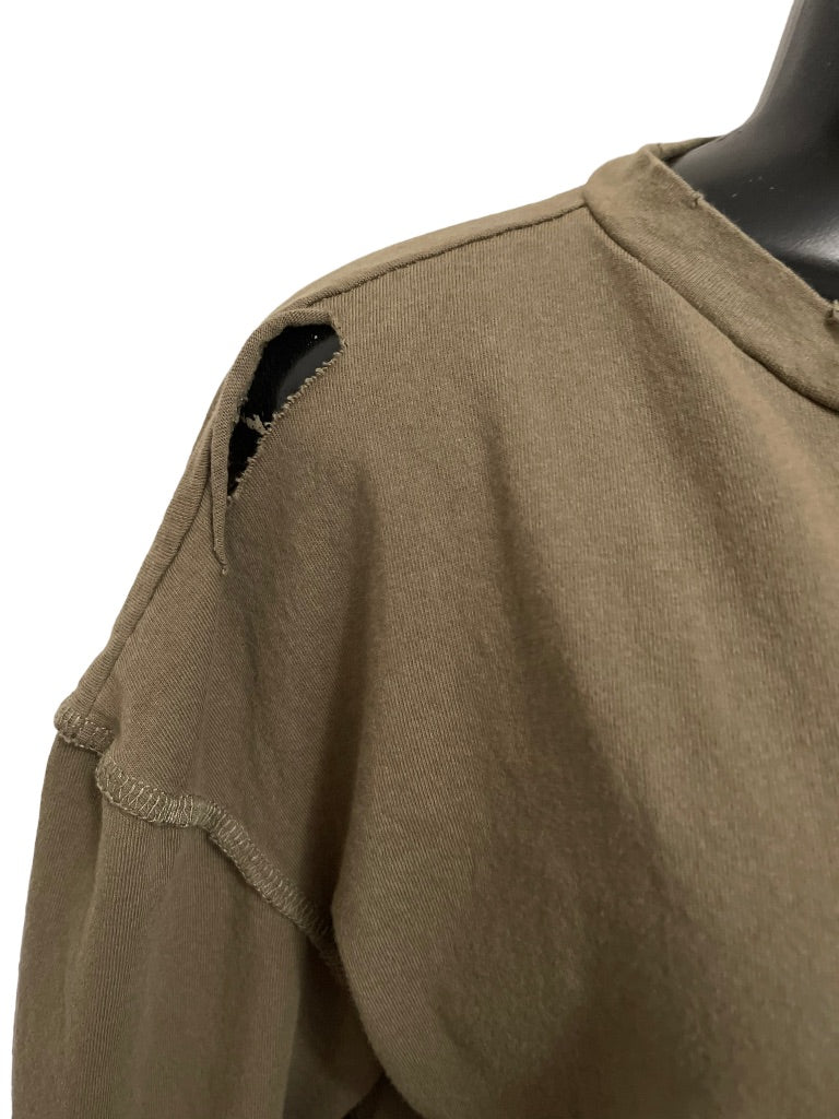 Medium Glam Los Angeles Long Sleeve Distressed Womens Top Olive Green High Low Hem