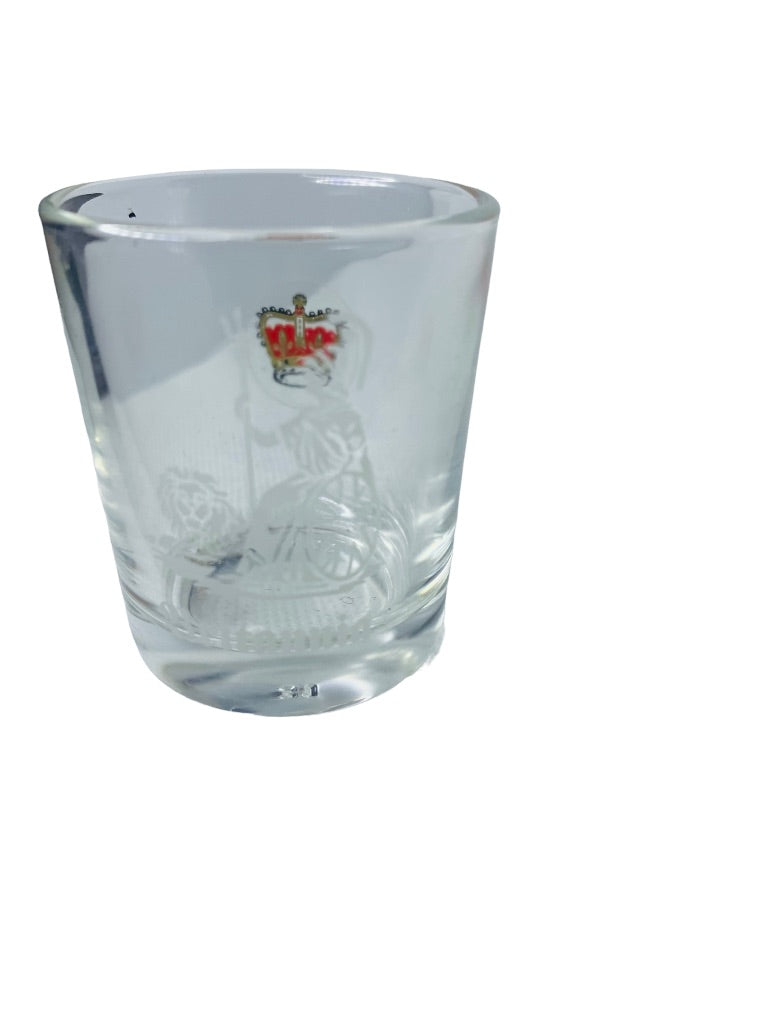 Souvenir Shot Glass Crown Brittania Clear Barware 2"h x 1.5" top diameter