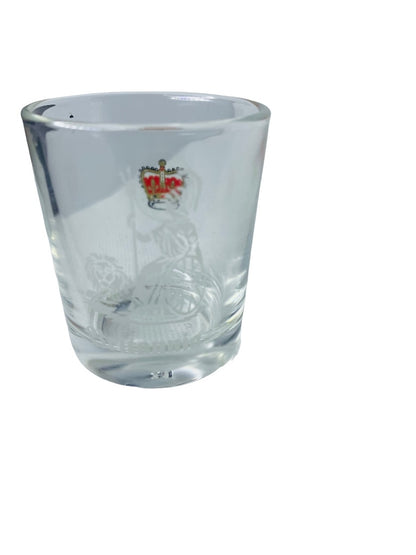 Souvenir Shot Glass Crown Brittania Clear Barware 2"h x 1.5" top diameter