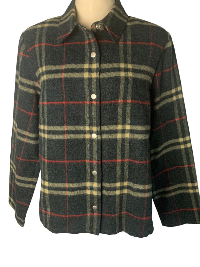 Large Lemon Grass Women's Gray Snap Up Wool Blend Plaid Jacket Shirt Y2K