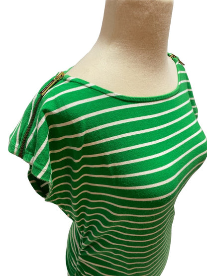 Large Michael Kors Green and White Striped Sleeveless Shirt Zip Shoulder Rouched Sides