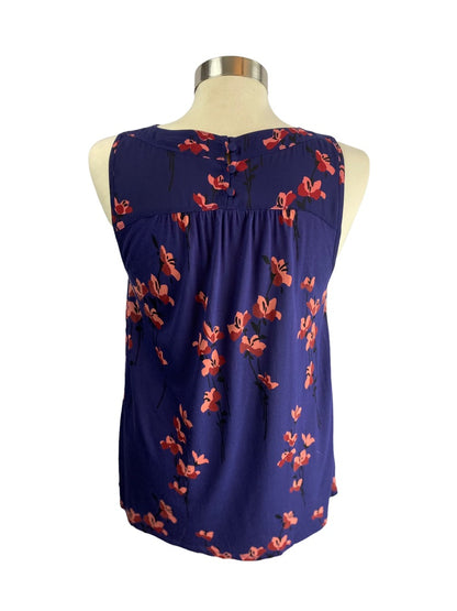 XS LOFT Women's Navy Blue Sleeveless Blouse Slightly Sheer Mauve Floral Print