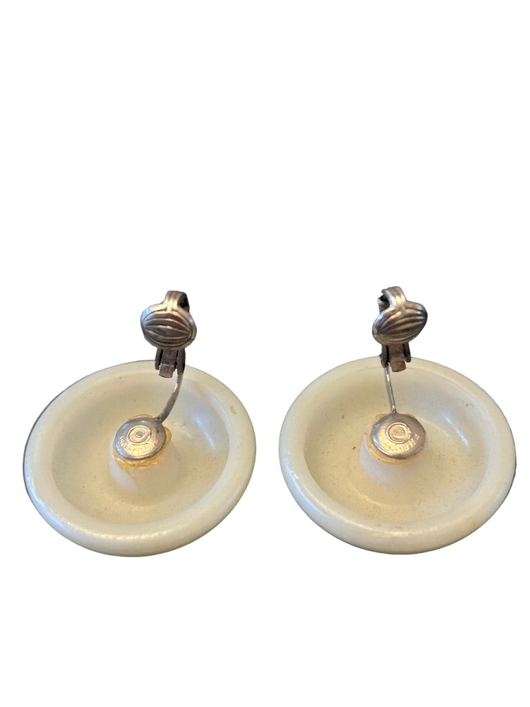 Vintage 1960s Clip On Non-Pierced Earrings Light Green Sterling Back 1 1/8"d