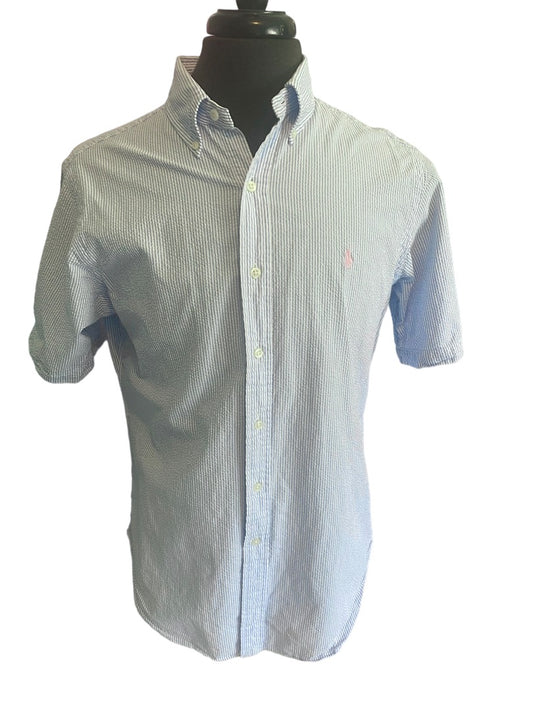 Medium Ralph Lauren Seersucker Button Down Short Sleeve Shirt Blue White