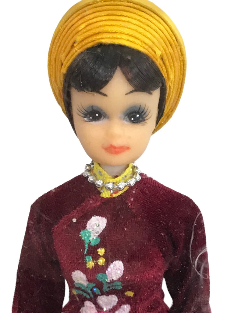 Traditional Vietnam 7" Doll Woman Playing Zither Yellow Hat Sitting